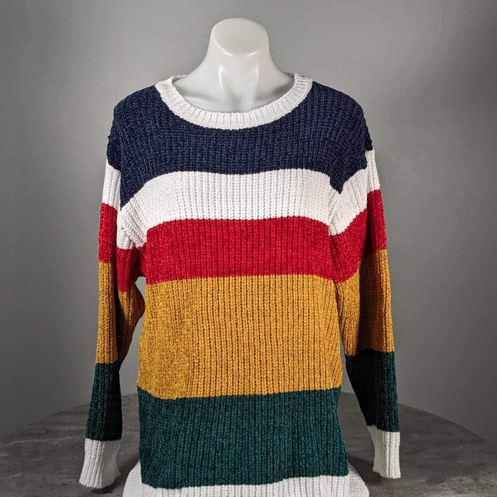 NWT Evelyn Taylor | Mustard & Navy Stripe Chenille Sweater - M - Picture 7 of 9